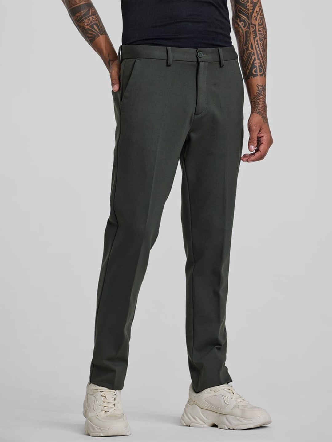 

Snitch Men Smart Slim Fit Regular Trousers, Green