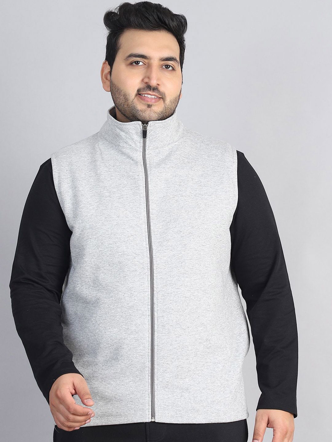 

Rute Men Mock Collar Plus Size Solid Cotton Casual Open Front Jacket, Grey