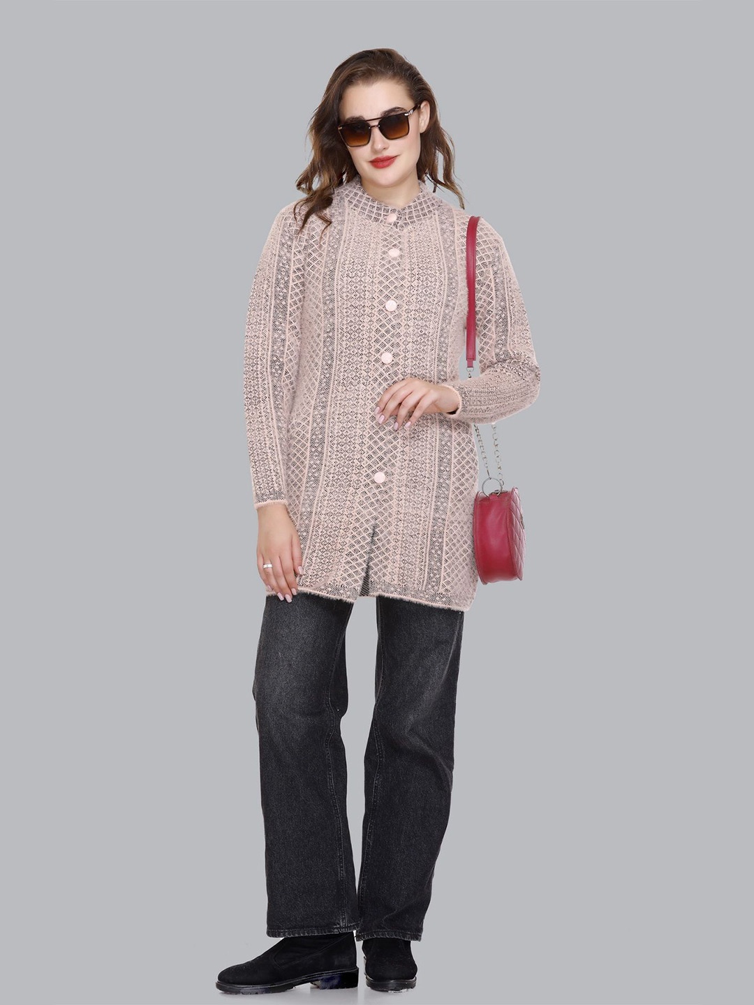 

SOSHAGUN OSWAL Women Embroidered Printed Woollen Winter Cardigan, Beige
