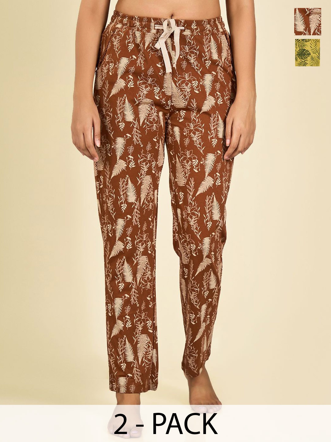 

MAYSIXTY Pack Of 2 Printed Pure Cotton Lounge Pants, Brown