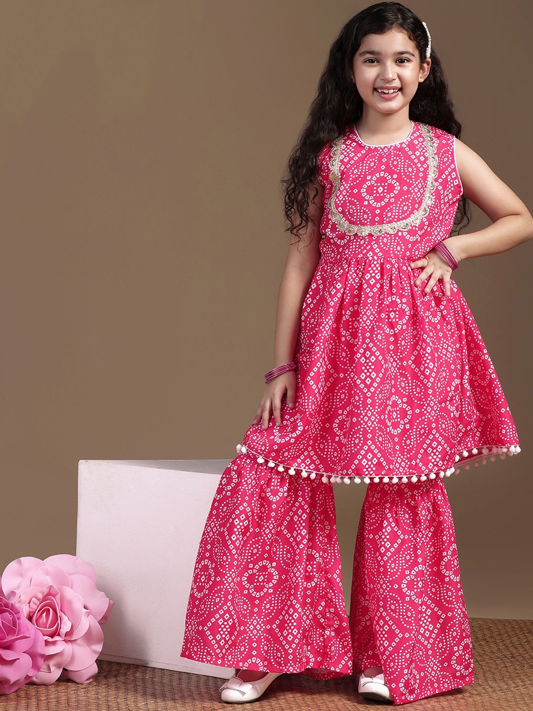 

FASHION DREAM Girls Bandhani Printed A-Line Kurta With Sharara, Pink