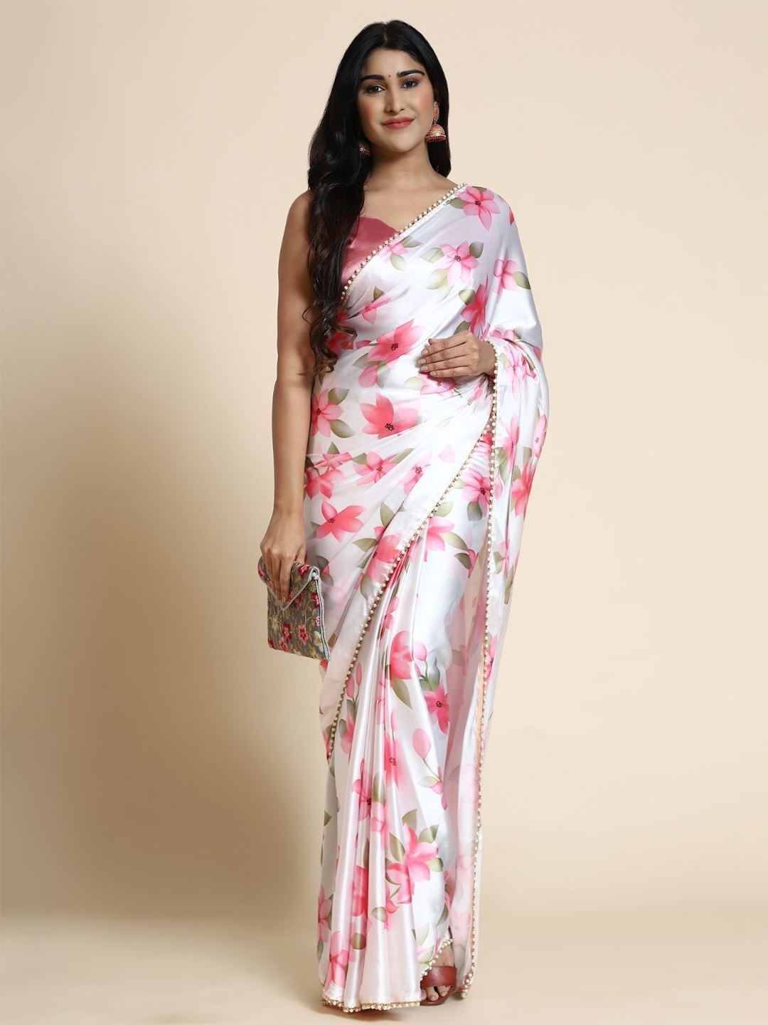 

ODETTE Floral Printed Satin Saree, White