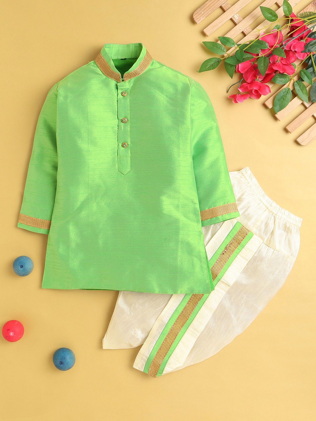 

Jeetethnics Boys Mandarin Collar Silk Cotton Kurta with Dhoti Pant, Green