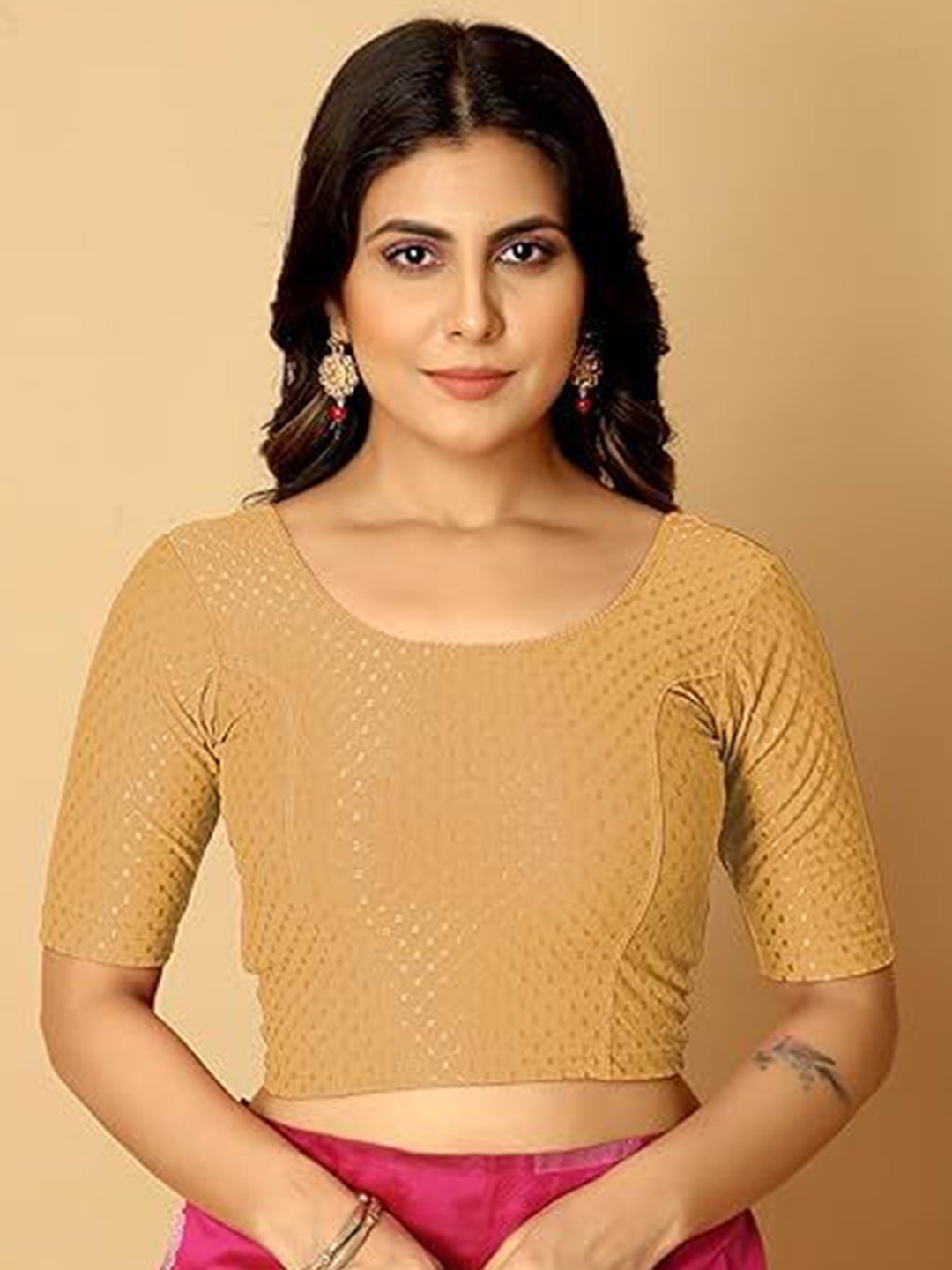 

Jaanvi Woven Design Stretchable Saree Blouse, Beige