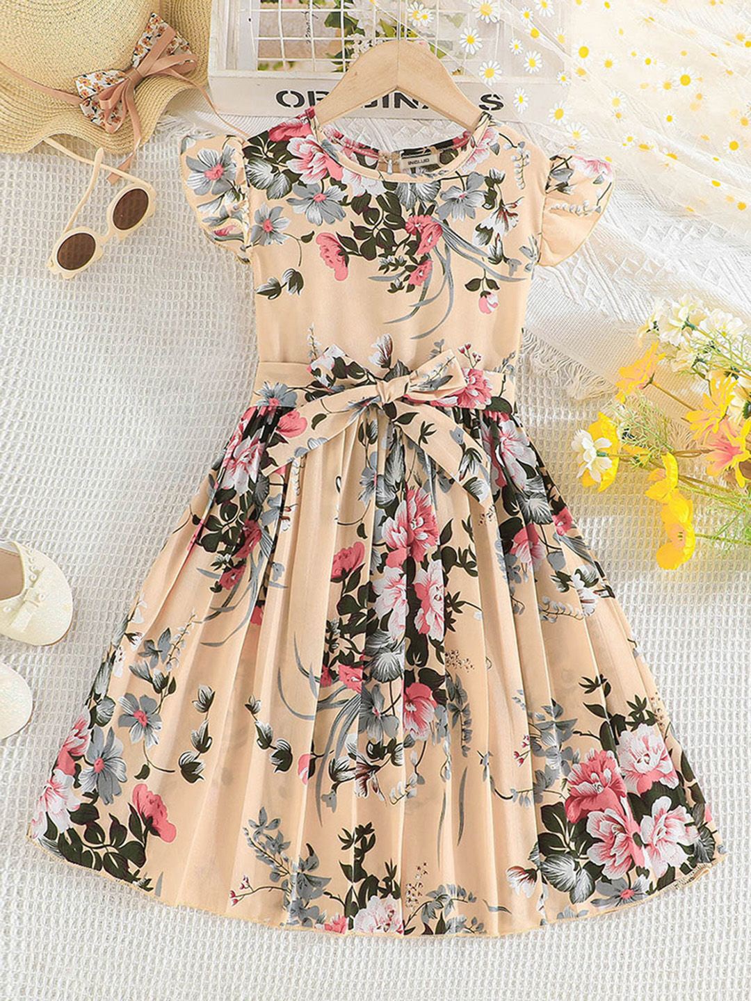 

INCLUD Girls Floral Printed Flutter Sleeve Fit & Flare Midi Dress With Tie-Up, Beige