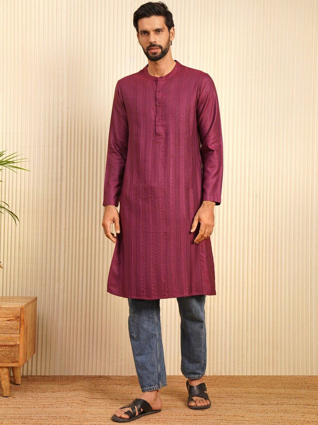 

JAYPORE Striped Band Collar Straight Kurta, Purple