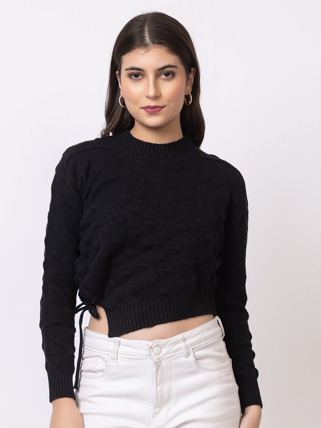 

GFO Women Cable Knit Striped Woollen Pullover, Black