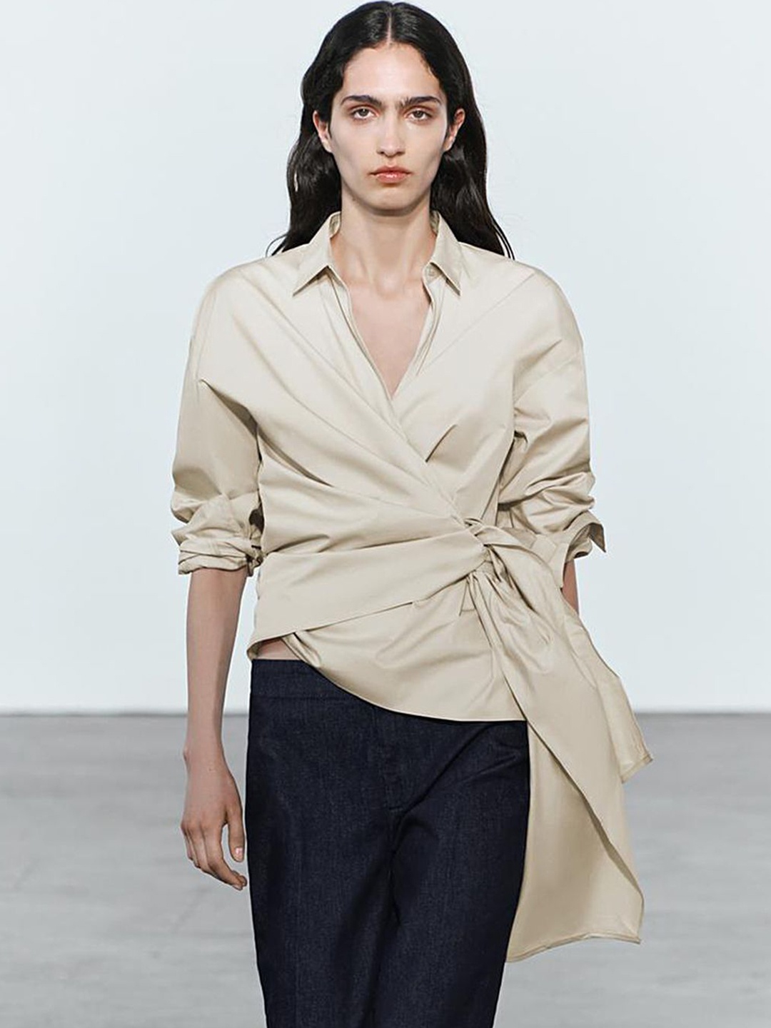 

LULU & SKY Women Shirt Collar Three-Quarter Sleeves Wrap Top, Khaki