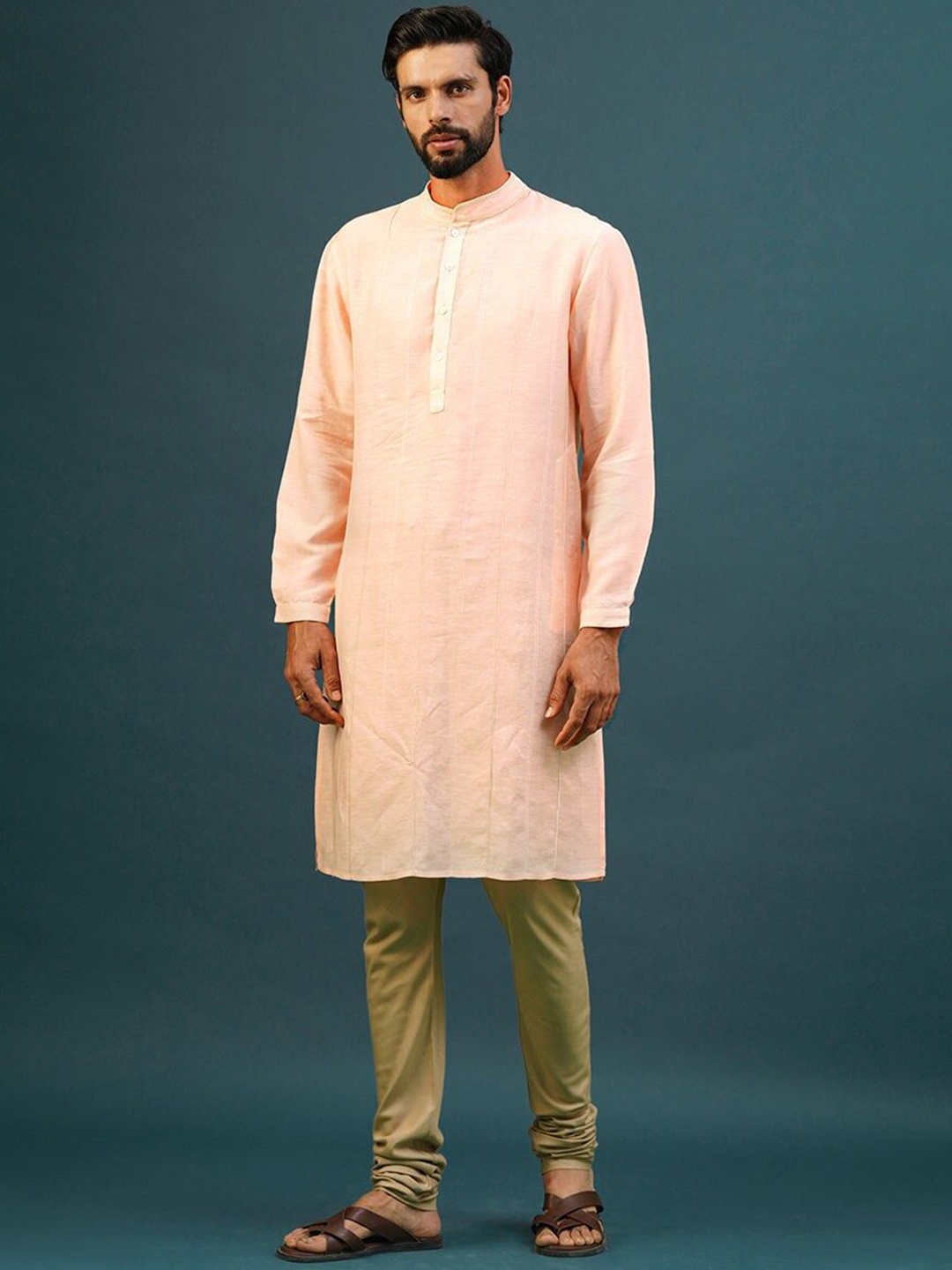 

JAYPORE Striped Thread Work Mandarin Collar Straight Kurta, Peach