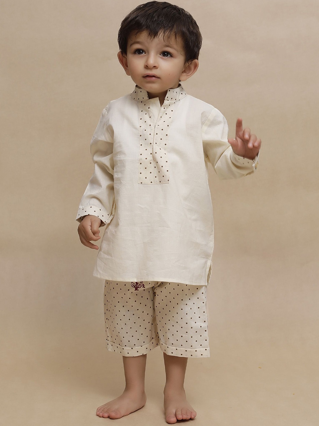 

TJORI Boys Printed Angrakha Gotta Patti Pure Cotton Kurta with Palazzos, Beige