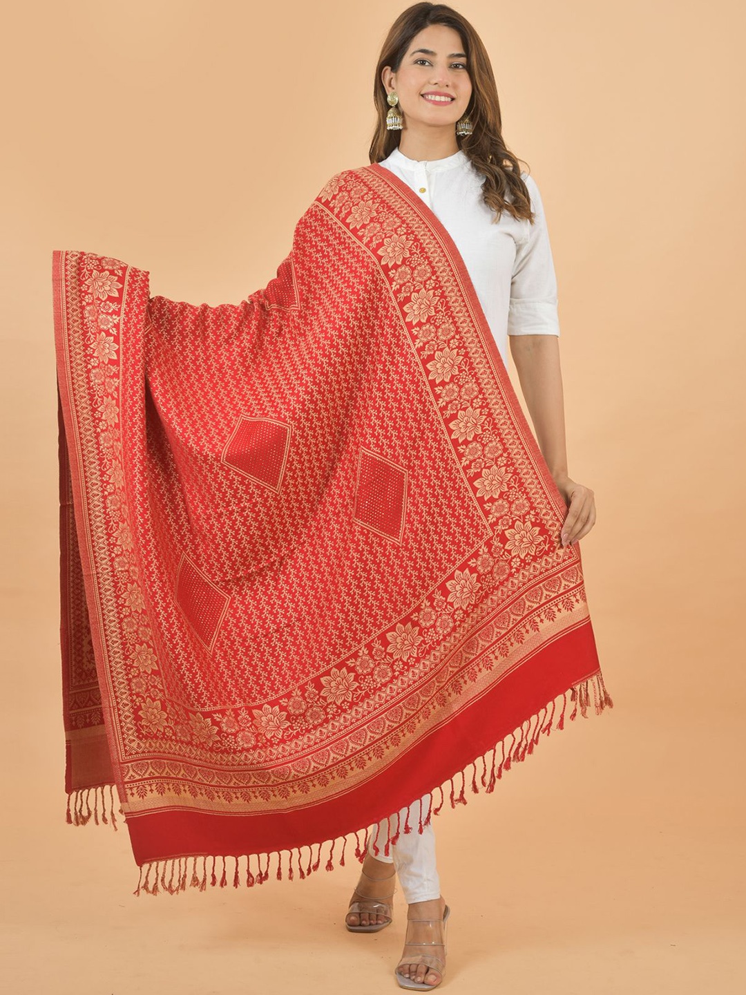 

BAISA Floral Woven Design Mukaish Work Shawl, Red