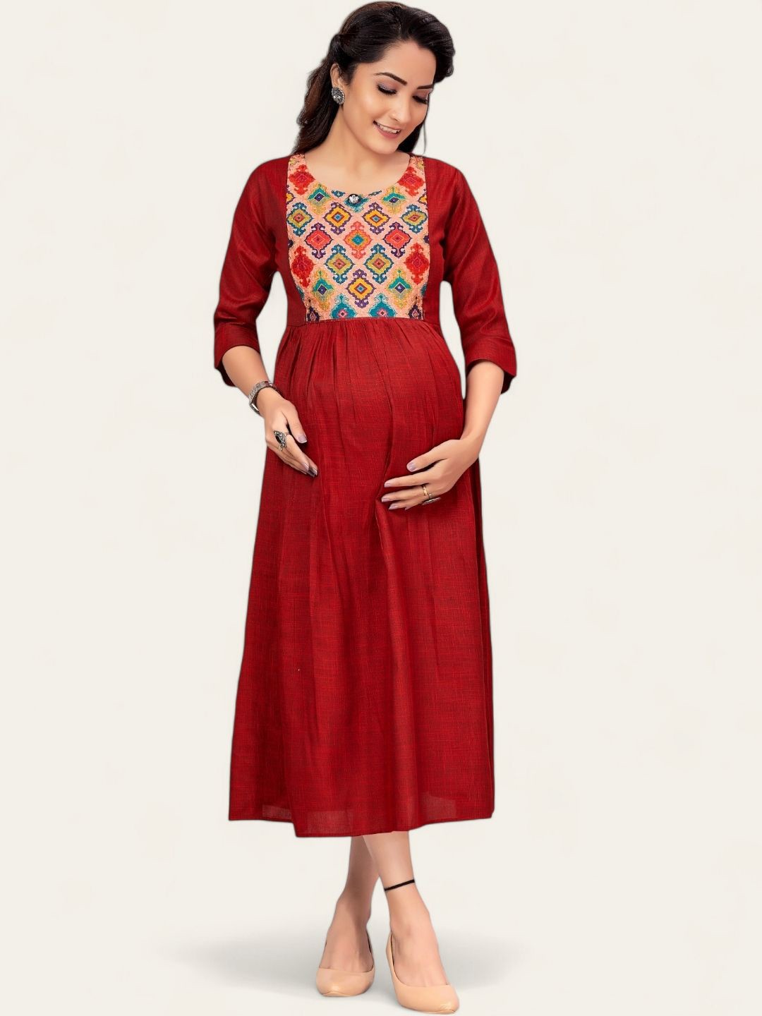 

RITIJYA Printed Maternity Fit & Flare Midi Dress, Maroon