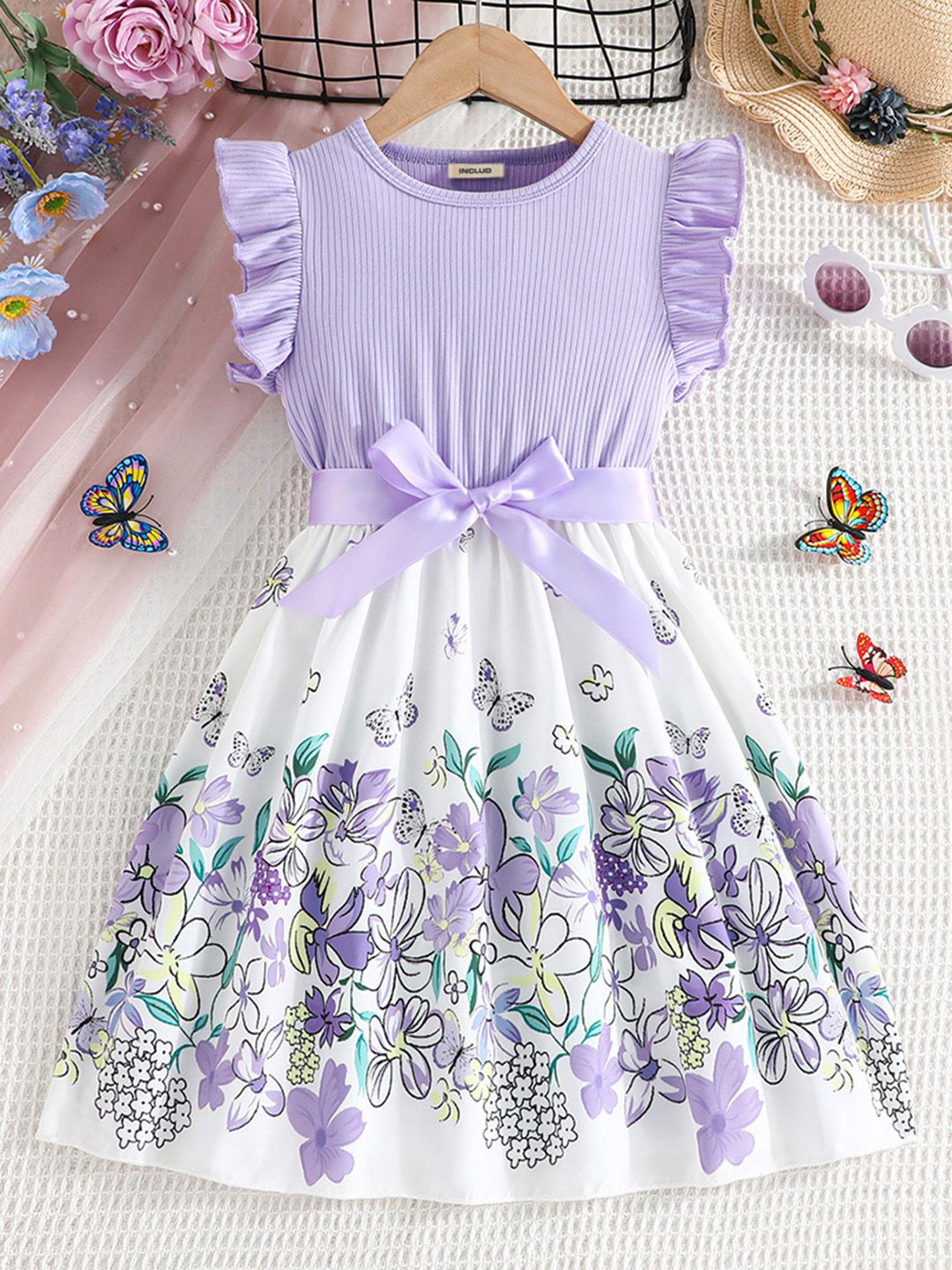 

INCLUD Girls Floral Printed Flutter Sleeves Fit & Flare Dress, Purple
