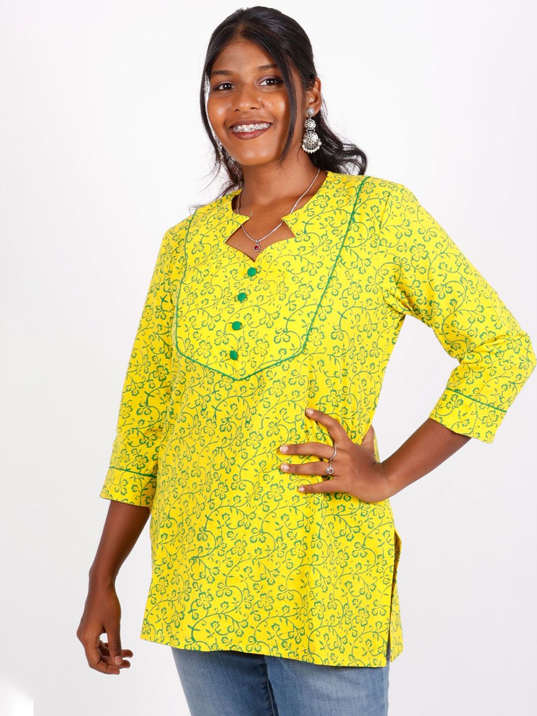 

Avishya Women Floral Printed V-Neck Pure Cotton Handloom Kurti, Yellow