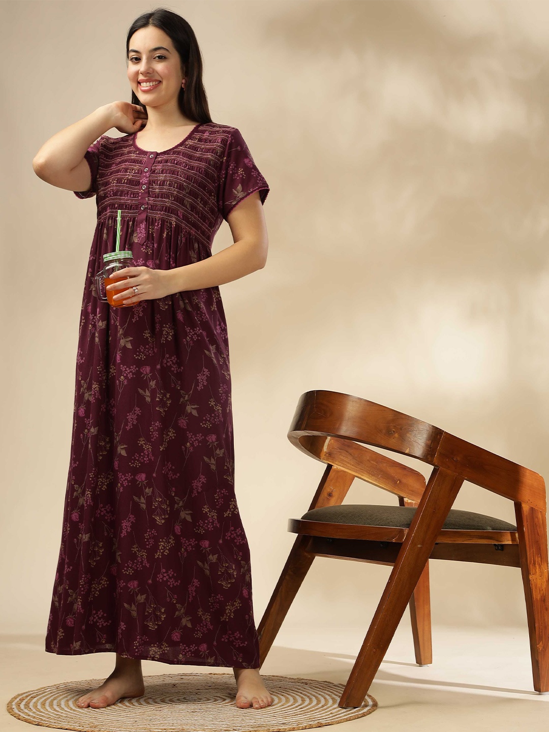 

9shines Label Women Printed Short Sleeves Maxi Nightdress, Purple