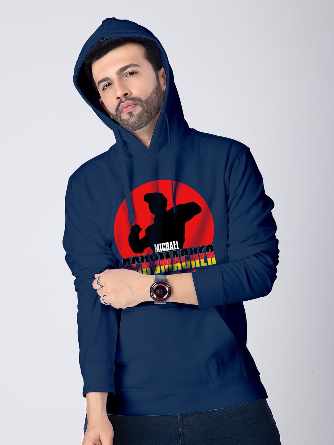 

Crazymonk Men Graphic Printed Pullover Cotton Hooded Sweatshirt, Navy blue