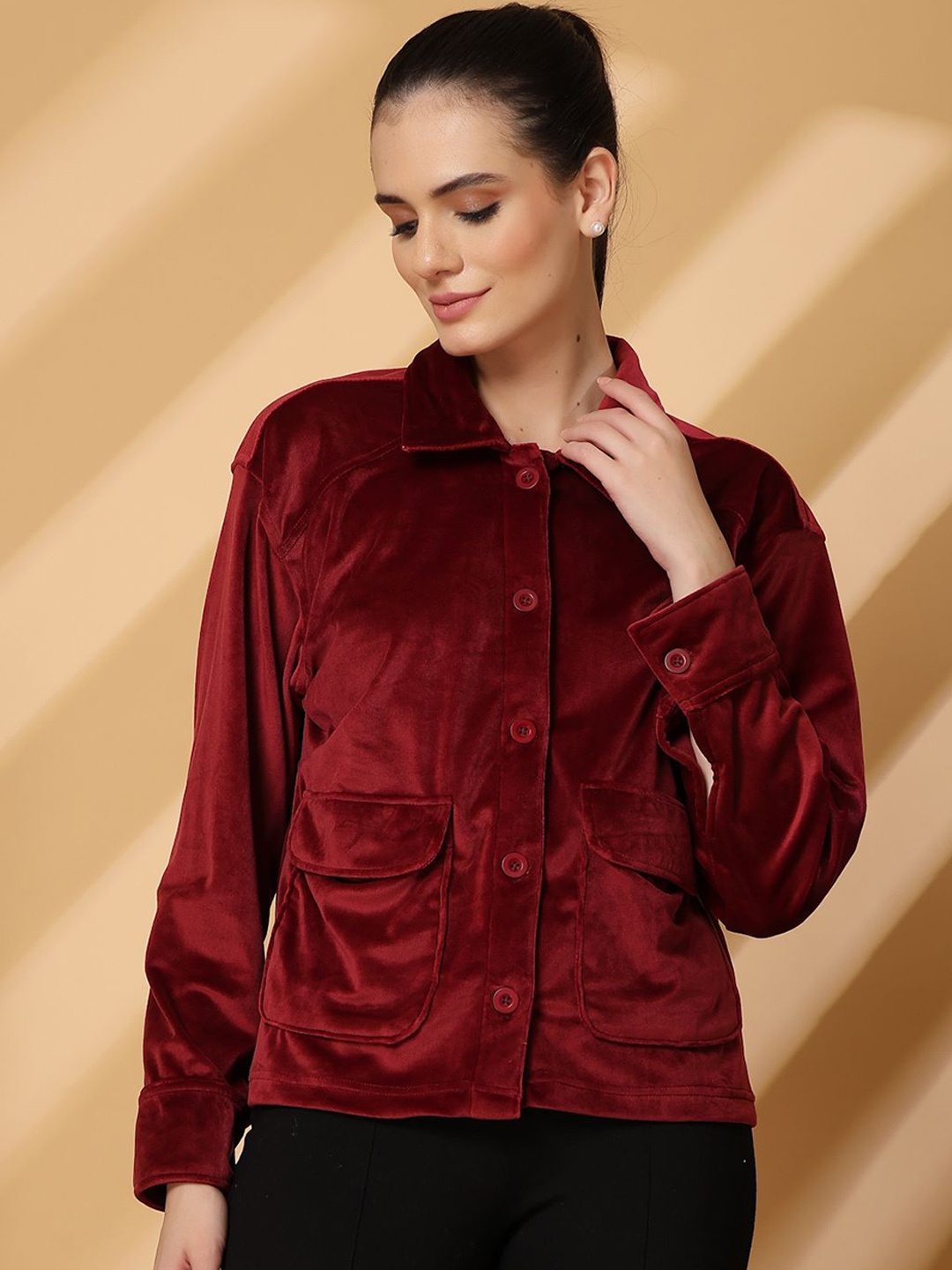 

plusS Women Spread Collar Solid Velvet Casual Open Front Jacket, Red