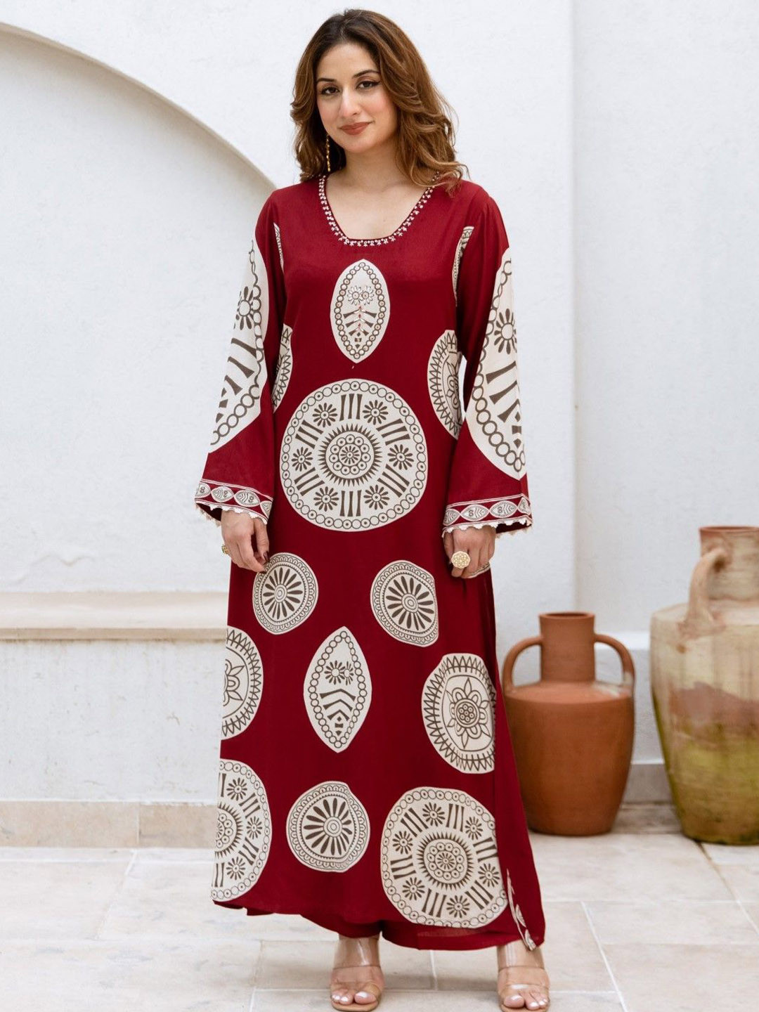 

AUTUMN LANE Women Printed Regular Sequinned Pure Cotton Kurta with Trousers, Red