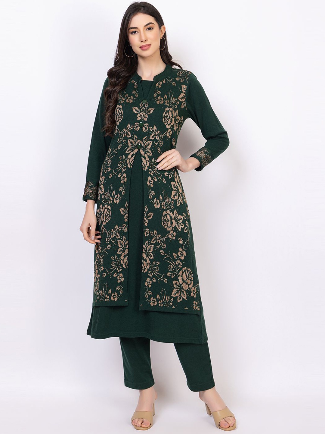 

KEIKO Floral Printed Mandarin Collar Acrylic Straight Kurta with Trousers, Green