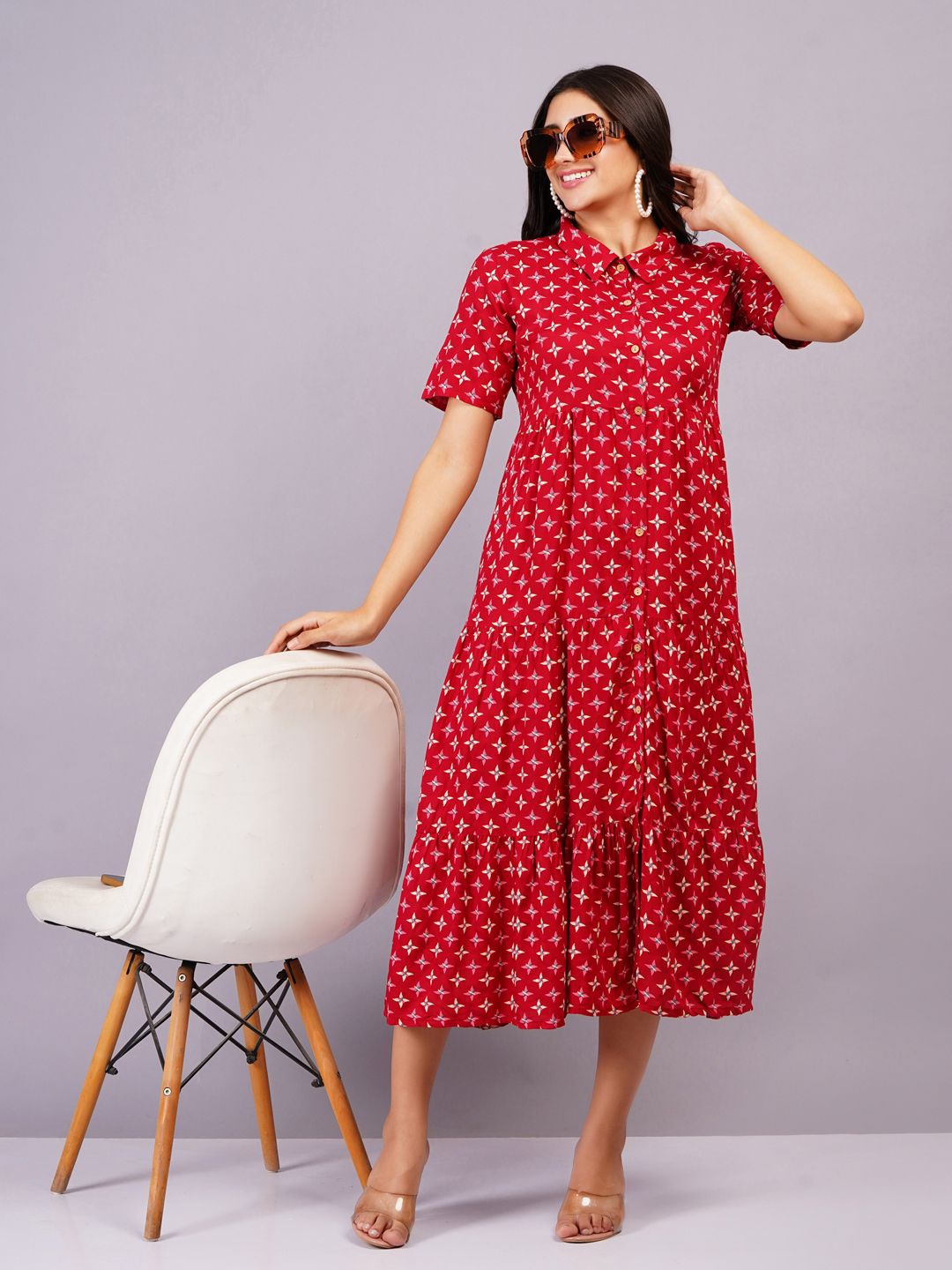 

BAESD Women Shirt Collar Self Design Fit & Flare Dress, Red