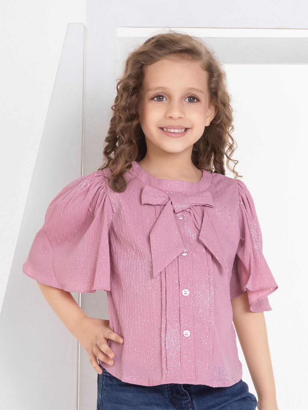 

Peppermint Girls Polka Dot Embellished Flutter Sleeve Georgette Top, Pink