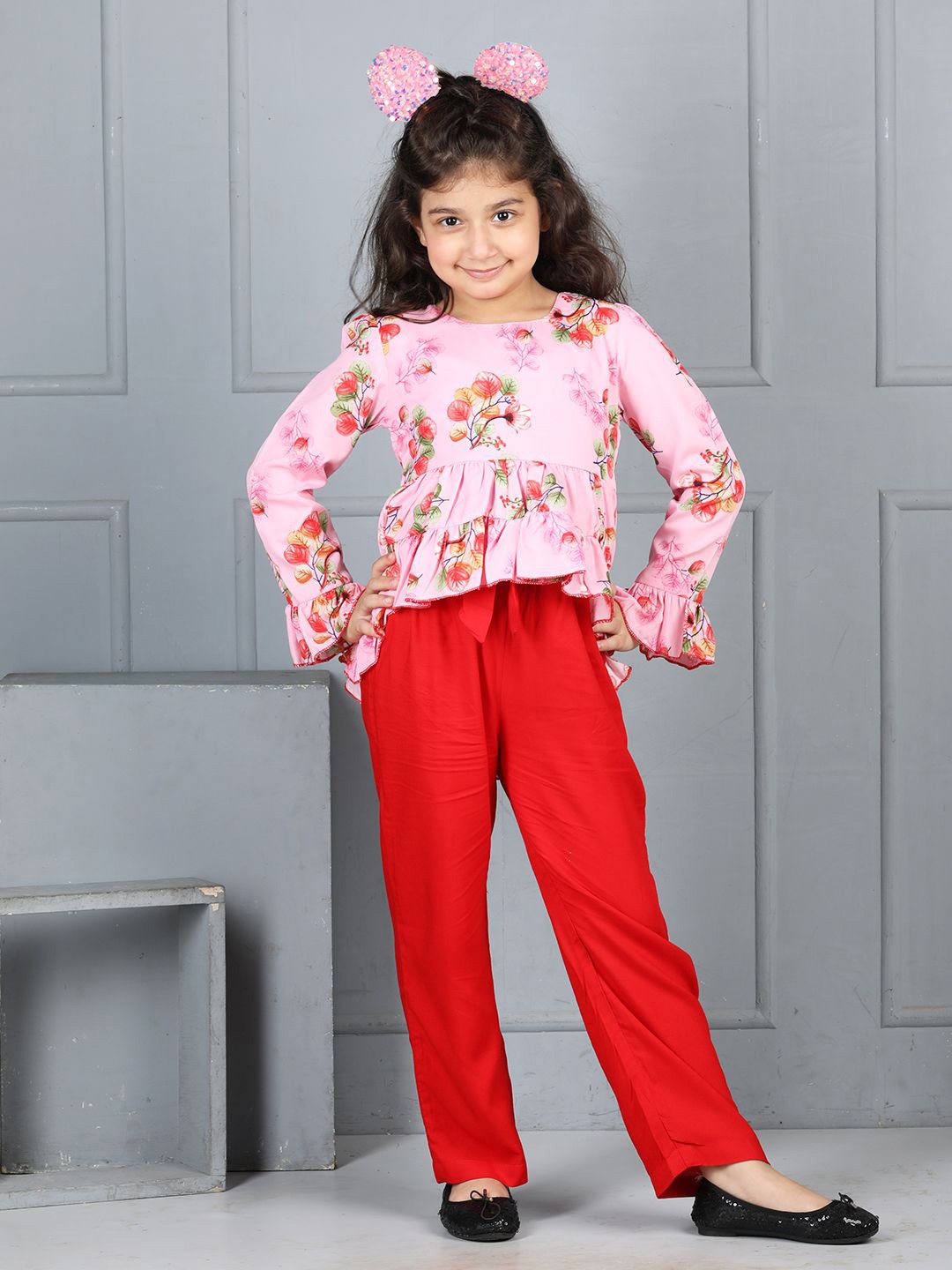 

Cutiekins Girls Floral Printed Round Neck Top With Trouser, Pink