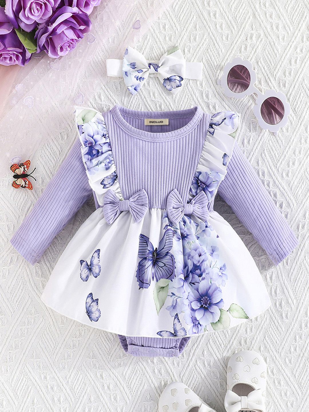 

INCLUD Girl Floral Print Long Sleeve Fit & Flare Dress, Purple