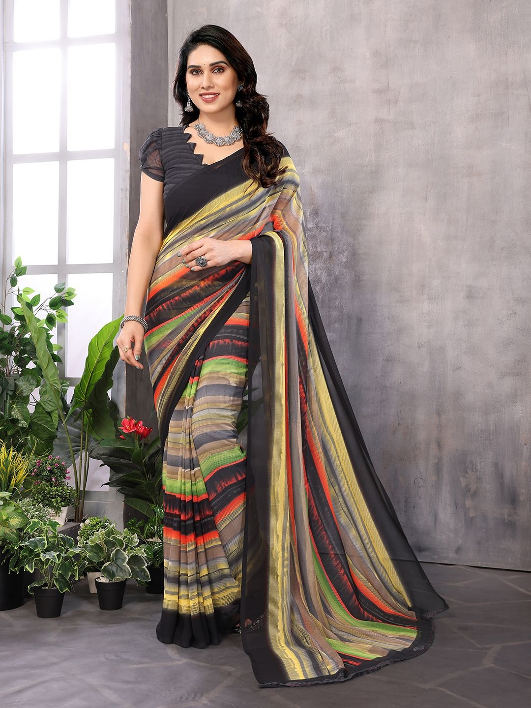 

ANAND SAREES Women Striped Saree With Blouse Piece, Black