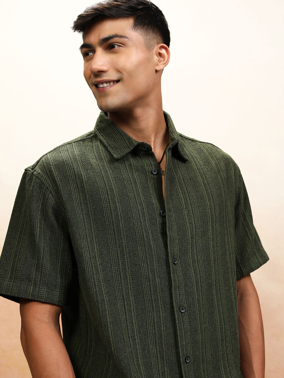 

Highlander Men Olive Oversized Textured Dobby Striped Shirt