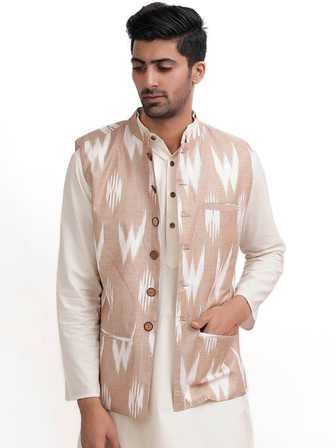 

TJORI Men Pure Cotton Printed Corduroy Nehru Jackets, Beige