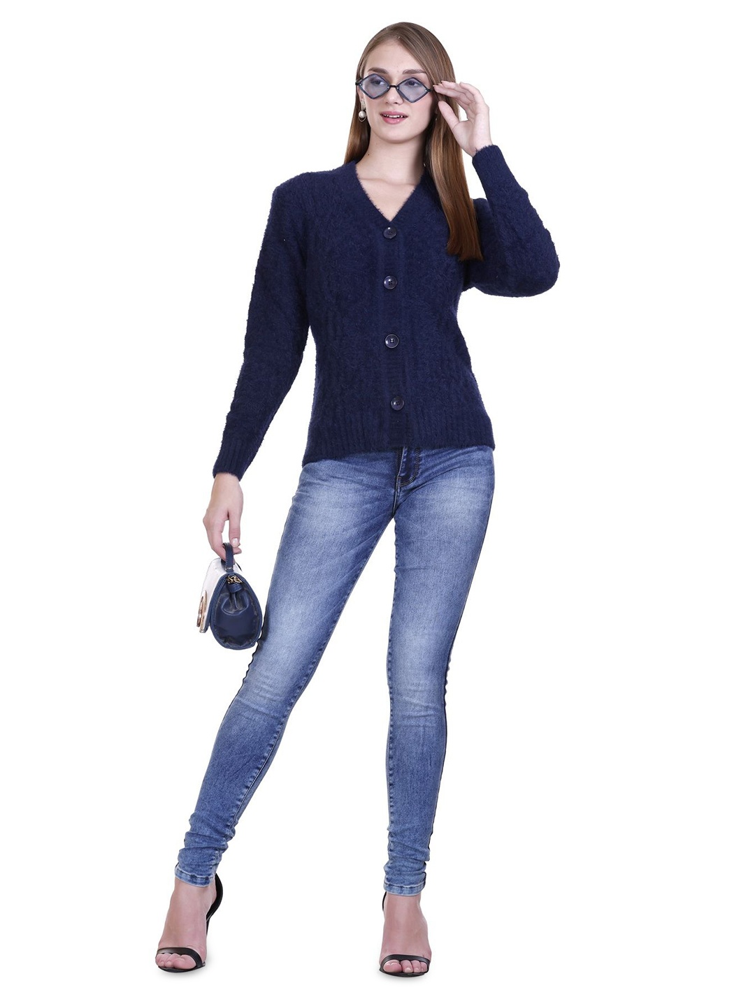 

SOSHAGUN OSWAL Women Woollen Cardigan Sweaters, Navy blue