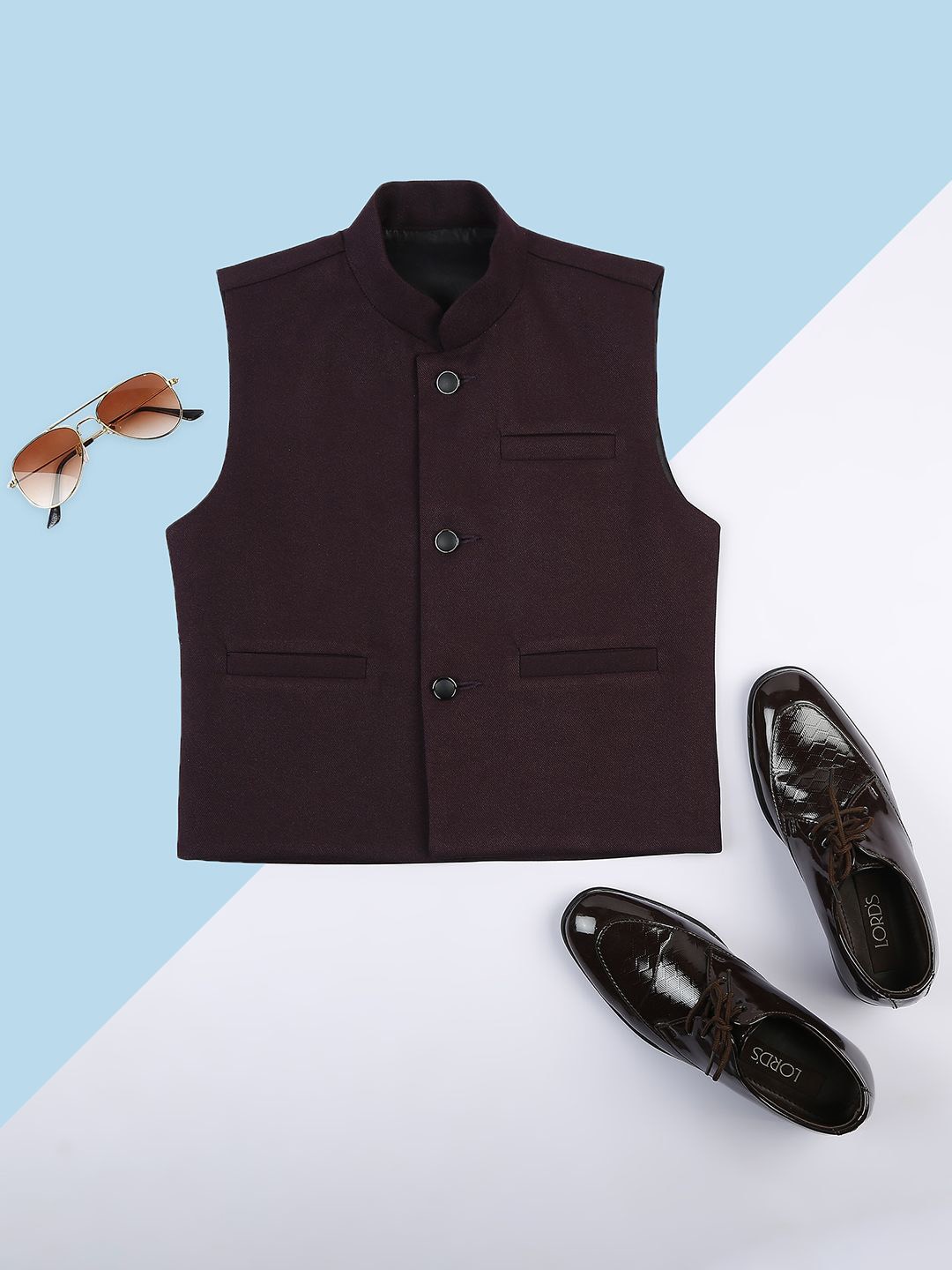 

Sangria Boys Mandarin Collar Solid Nehru Jackets, Maroon