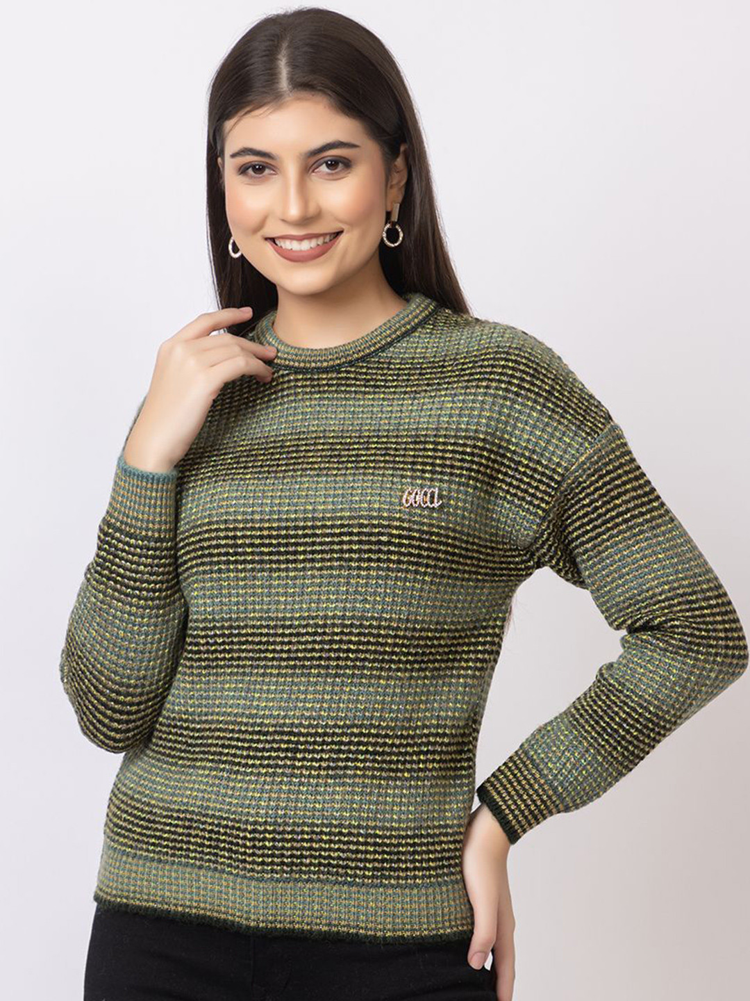 

GFO Women Striped Woollen Sweaters, Green
