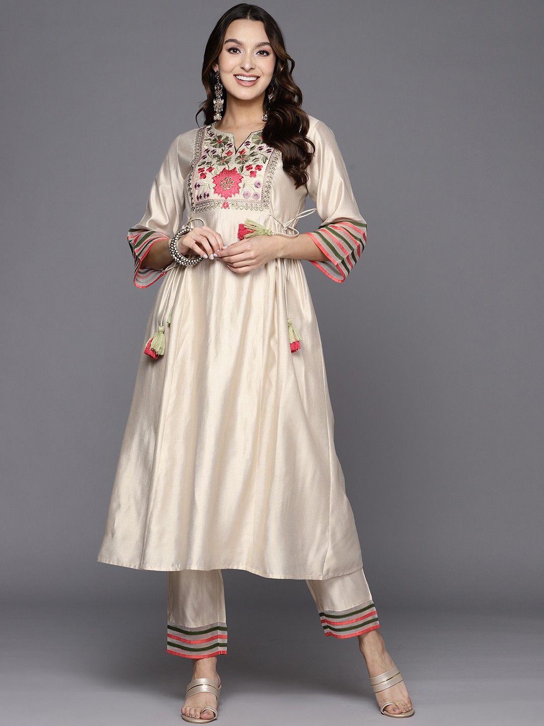 

zinariya Fab Floral Embroidered Round Neck Regular A-Line Kurta With Trouser, Beige