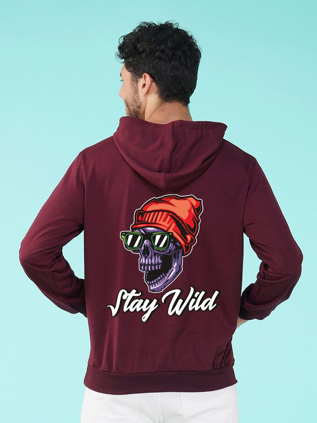NUSYL Men Stay Wild Text Printed Hooded Sweatshirt, Maroon