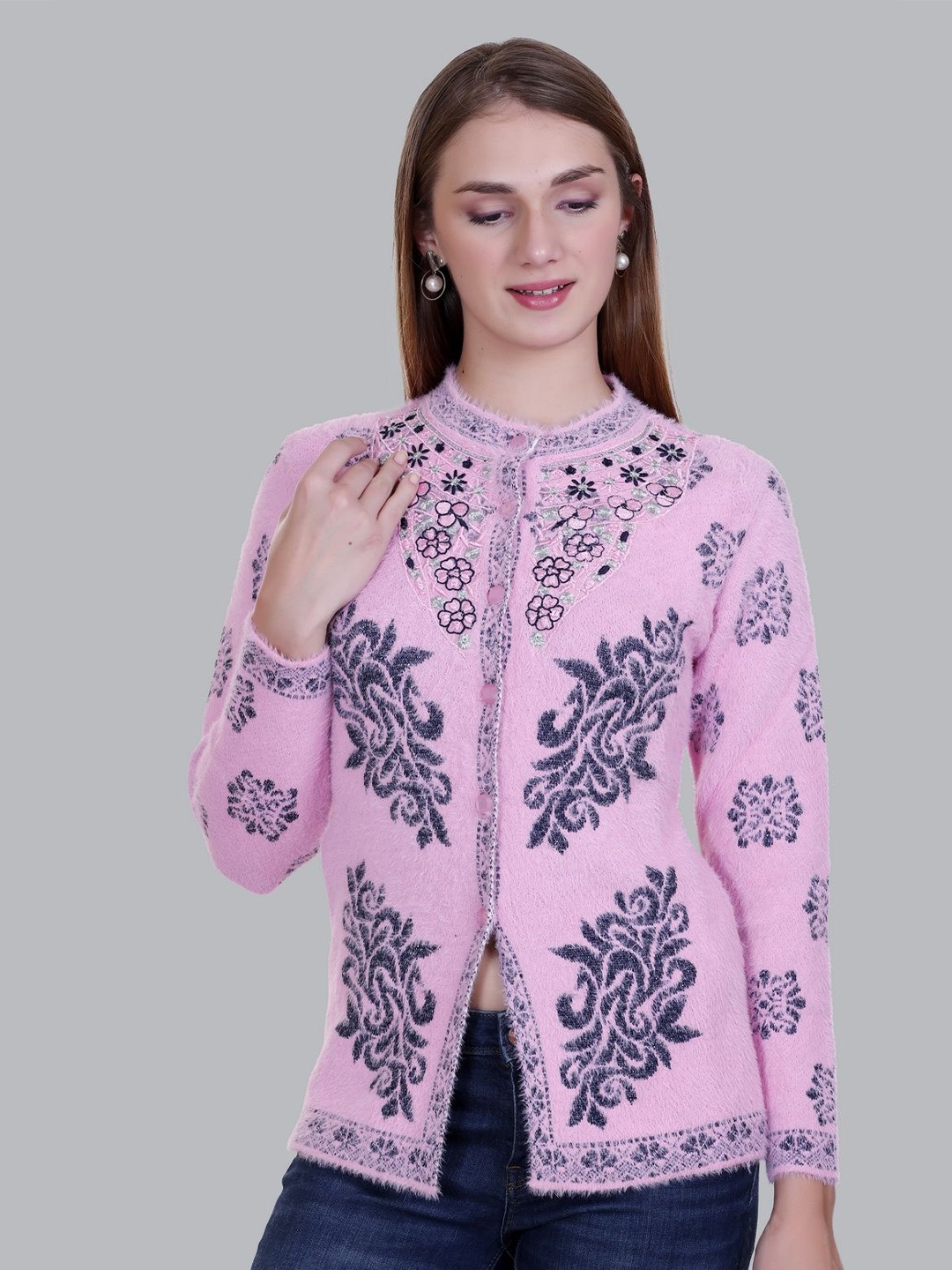 

SOSHAGUN OSWAL Women Ethnic Motifs Printed Woollen Cardigan, White