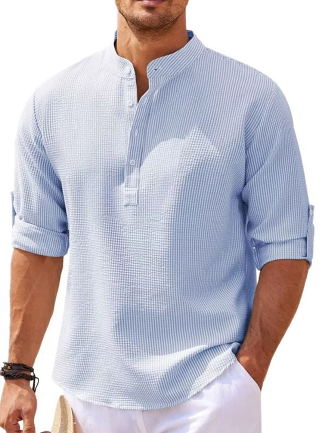 

StyleCast Men band Collar Solid Cotton Casual Shirt, Blue