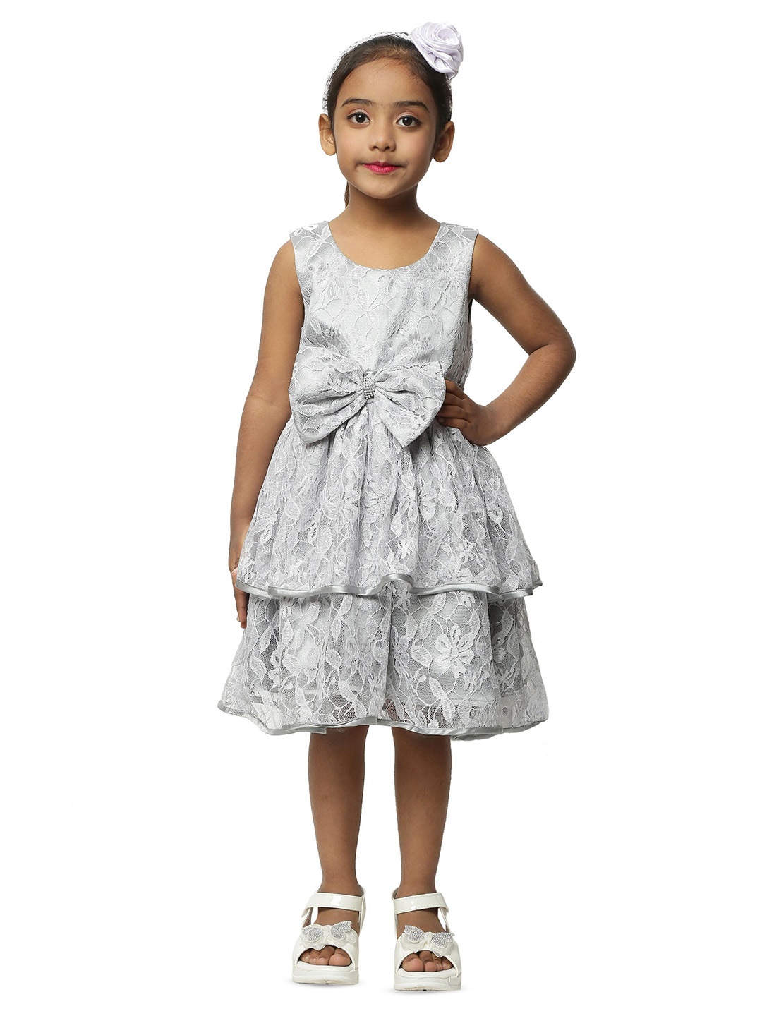 

Wish little Girls Bow Detail Self Design Fit & Flare Dress, Grey