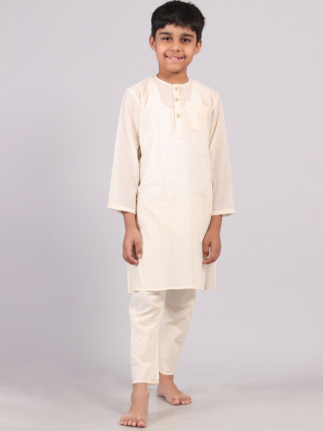 

TJORI Boys Striped Woven Design Pure Cotton Straight Kurta With Pyjamas, Off white