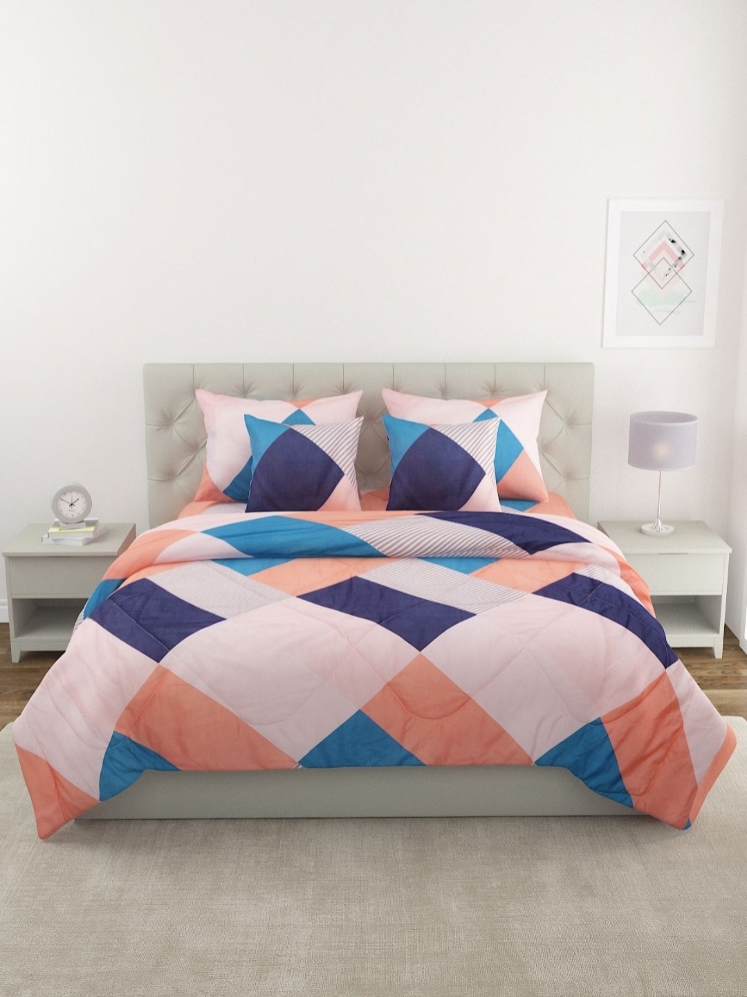 

Myntra Elegant Homes Peach-Coloured & Blue Geometric Cotton 6 Piece Double Queen Superfine Bedding Set