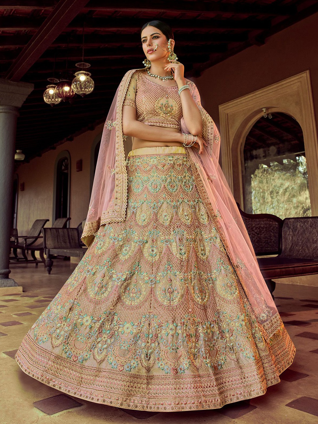 

ODETTE Embroidered Semi-Stitched Lehenga & Blouse With Dupatta, Pink