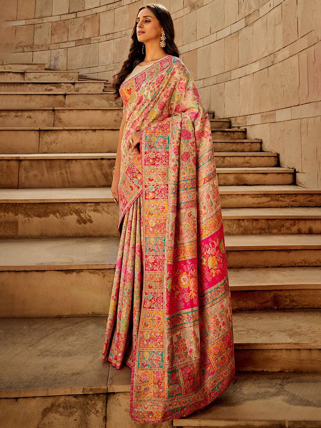 

Ishin Floral Woven Design Pashmina Saree, Cream