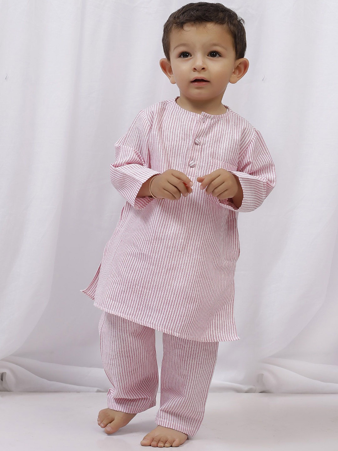 

TJORI Boys Striped Round Neck Pure Cotton Straight Kurta With Pyjama, Pink