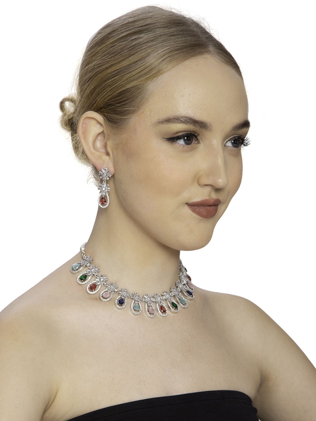 

Ladymania Silver-Plated AD-Studded Necklace and Earrings With Maang Tika