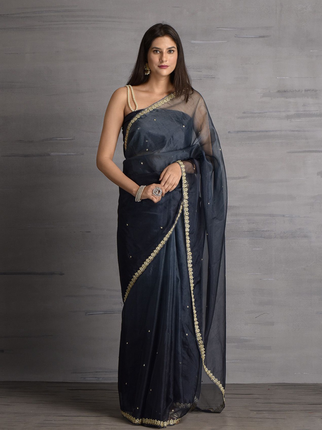 

sutra attire Floral Beads and Stones Tissue Saree With Blouse Piece, Navy blue