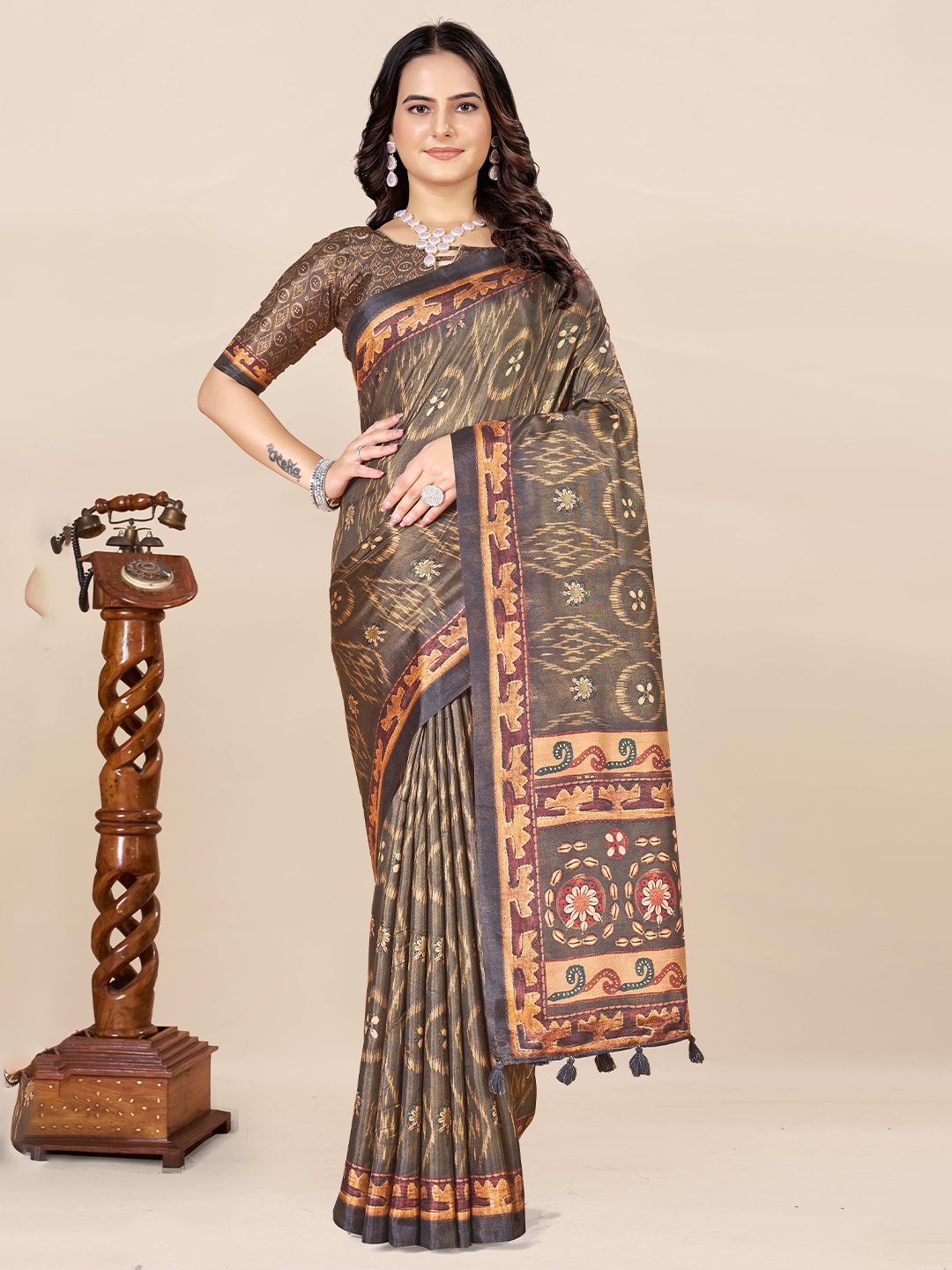 

ETHNIC TODAY Ethnic Motifs Ikat Saree, Coffee brown