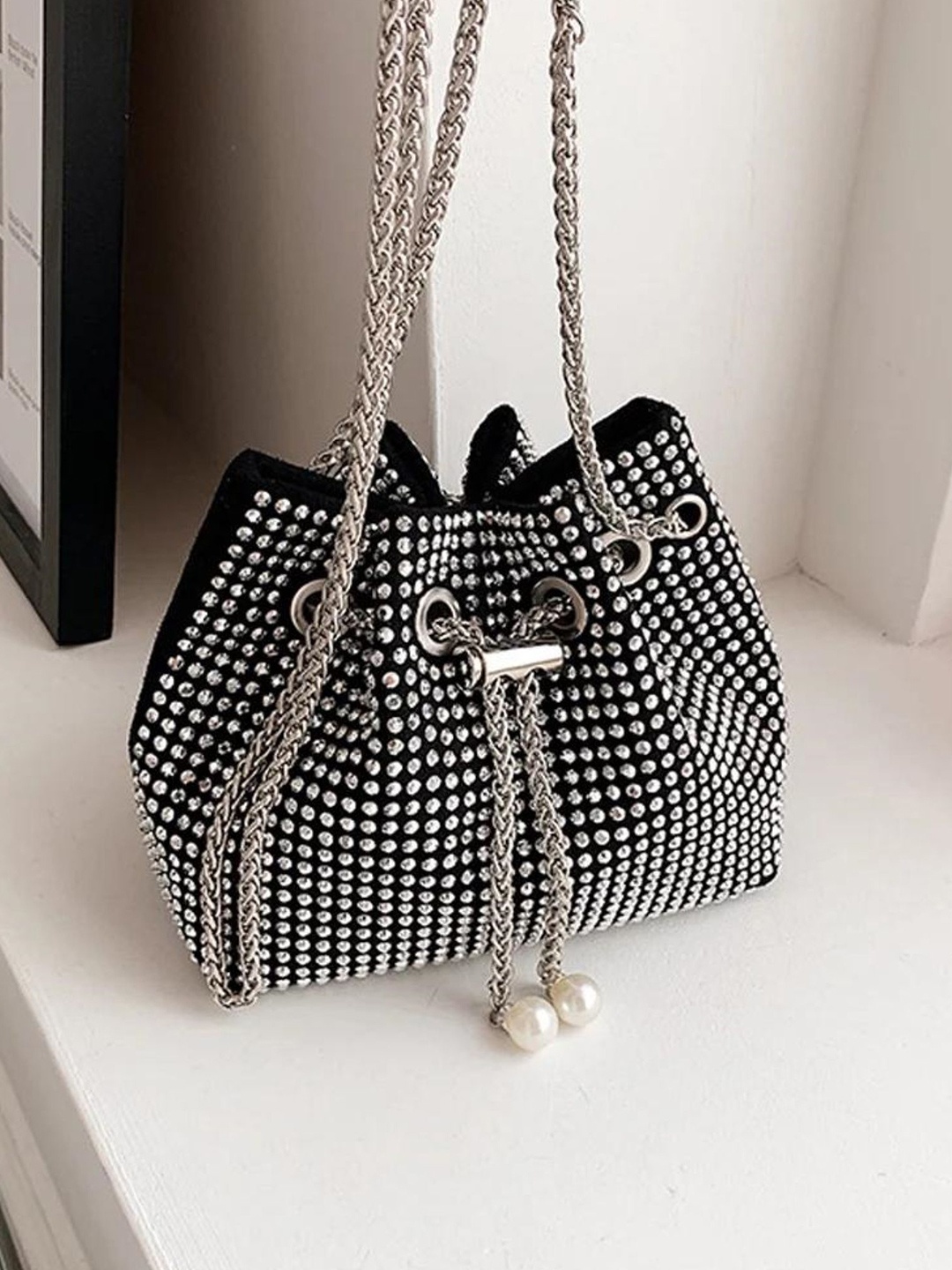 

StyleAsh Embellished Suede Bucket Handheld Bag, Silver