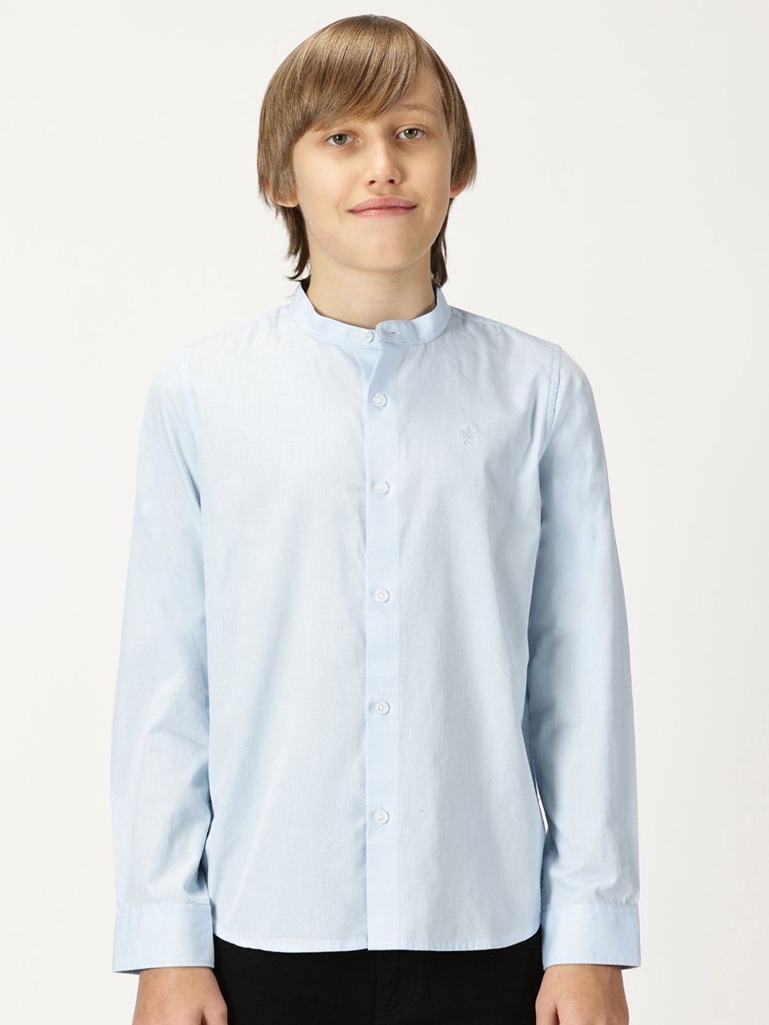 

French Connection Boys Premium Band Collar Solid Cotton Casual Shirt, Blue