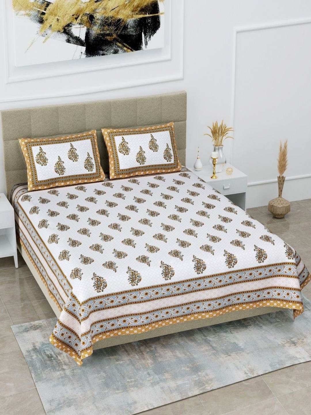 

HOMELINE Brown & White Ethnic Motifs Printed Cotton 180 TC King Bedsheet Set 2.74 x 2.54m