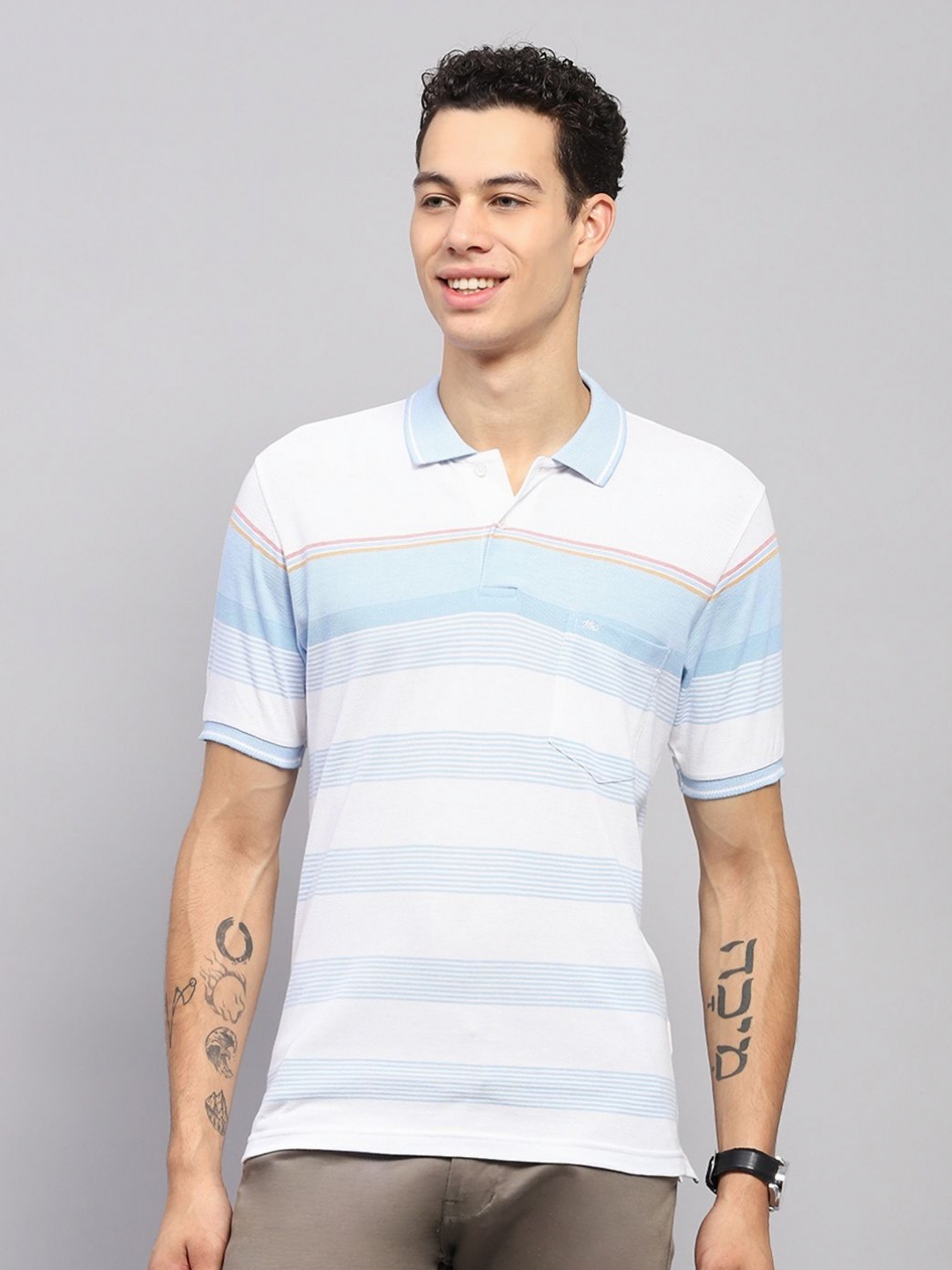 

Monte Carlo Men Striped Polo Collar Cotton T-shirt, Blue